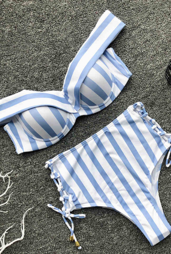 High-Waisted Off-Shoulder Striped Bikini